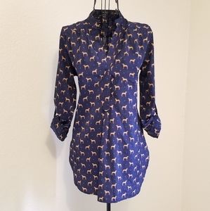 Modcloth Navy Blue & Tan Dog Pattern Button Down Bouse